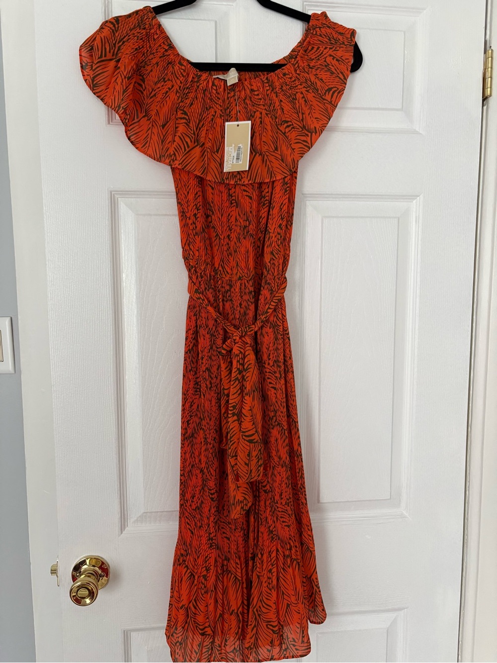 NWT Michael Michael Kors Tropical Leaf Pleated Off-The-Shoulder Midi Dress XS